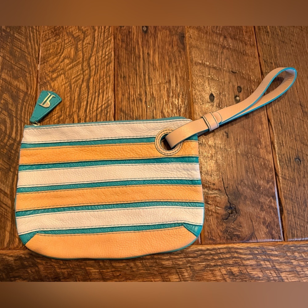 Anthropologie Striped Leather Wristlet in Peach, Cream & Teal
